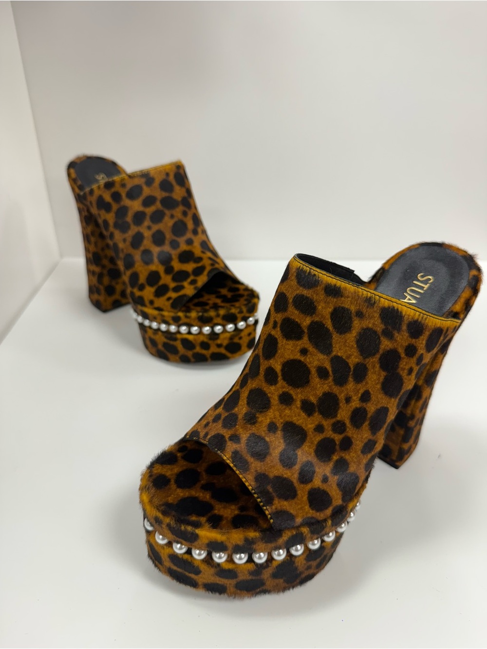 Stuart Weitzman Skyhigh Pearly Platform Sandal in Toffee/Cheetah Hair